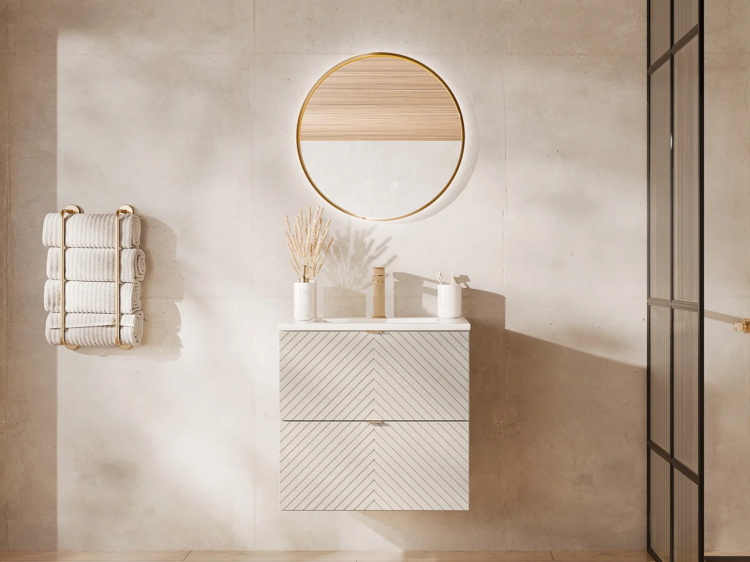 Zwevend badkamermeubel met visgraat-patroon en inbouwwastafel, beige, 60 cm - DORIONI