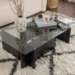 Glazen salontafel "Flavio" 105 x 65 x 30 cm – Zwart hout Glazen salontafel "Flavio" 105 x 65 x 30 cm – Zwart hout