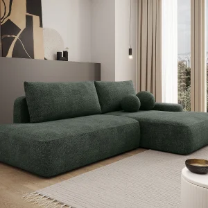Open hoekslaapbank rechts 5 zitplaatsen in getextureerde dennengroene stof DAVISO Open hoekslaapbank rechts 5 zitplaatsen in getextureerde dennengroene stof DAVISO