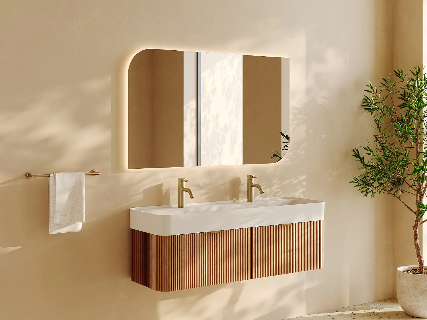 Dubbel inbouw wastafel meubel hangend gegroefd, licht naturel, 120 cm, BULMAS