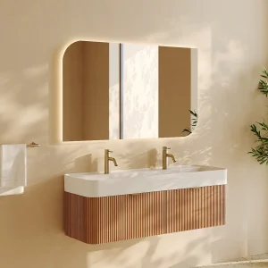 Gegroefd hangend meubel dubbele inbouwwastafel en kraan, licht naturel, 120 cm, BULMAS