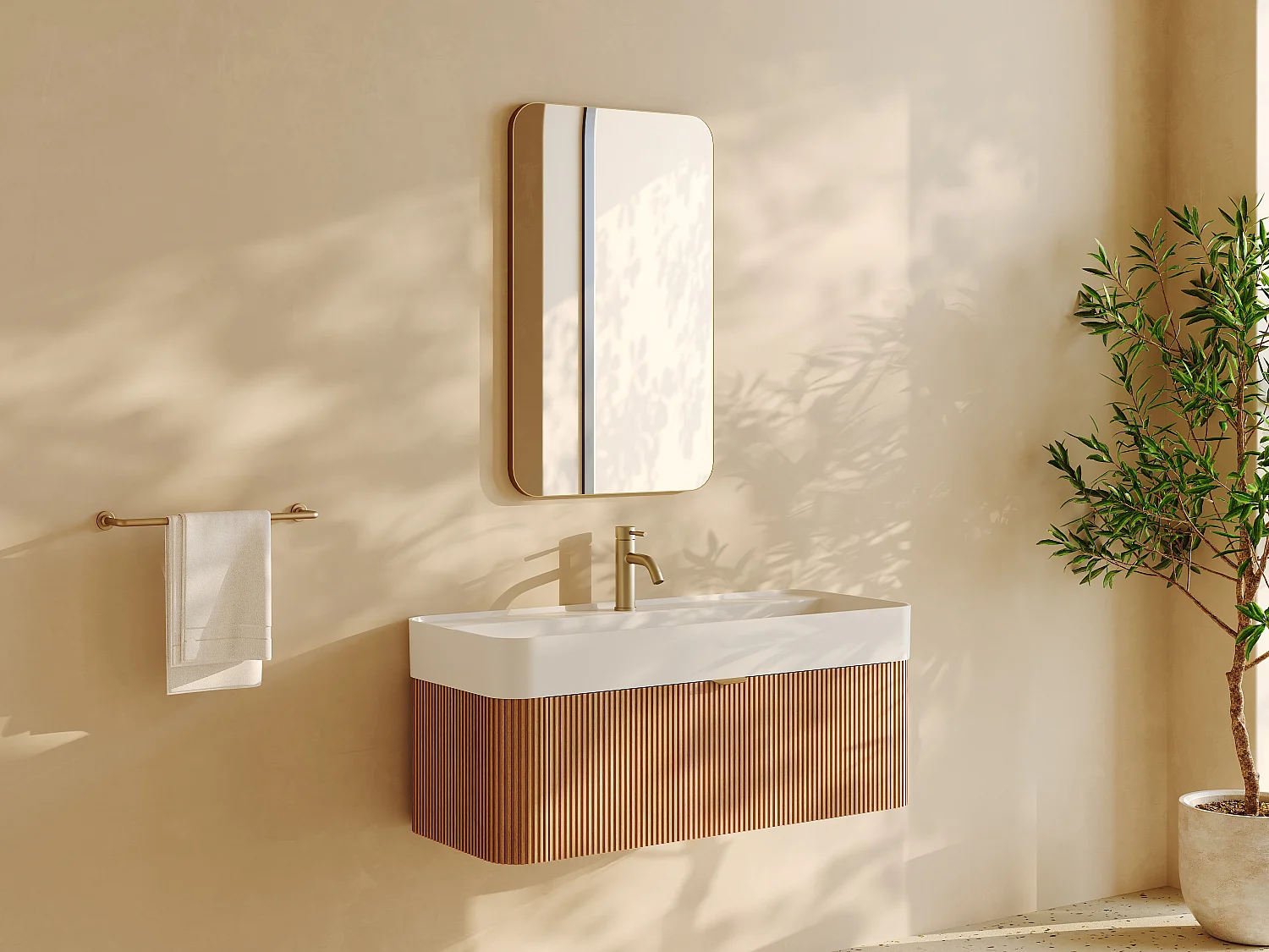 Enkel inbouw wastafelmeubel hangend gestreept, naturel licht, 100 cm, BULMAS