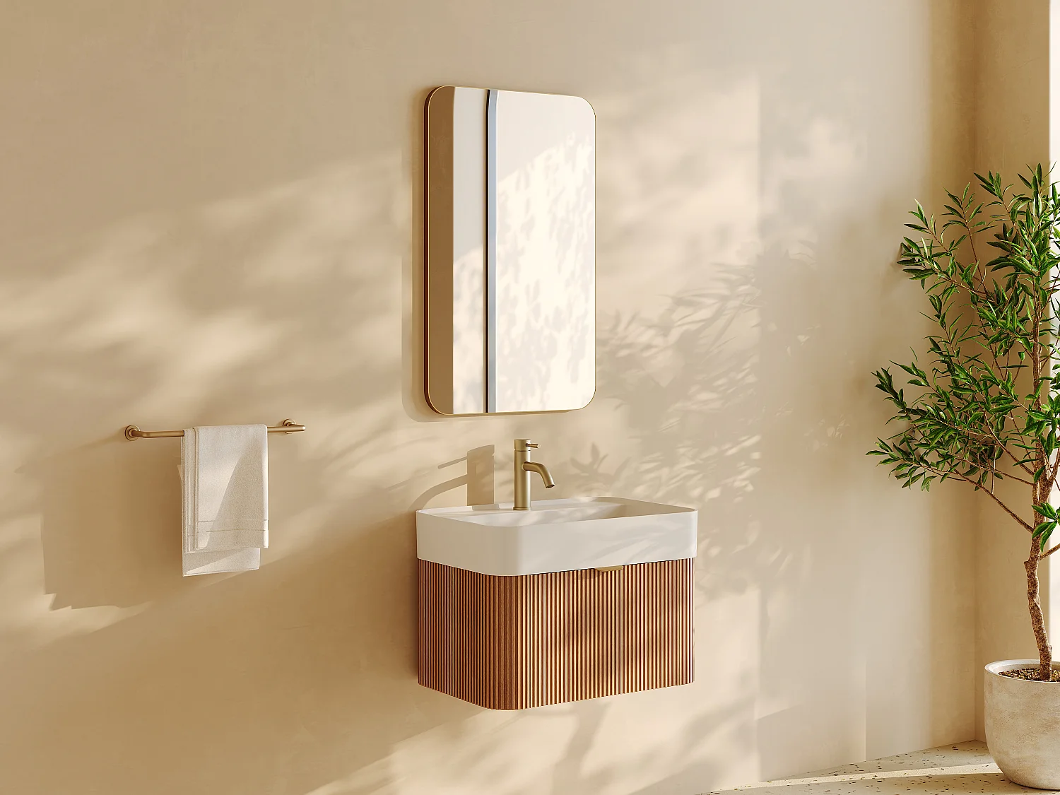 Gestreept hangend meubel met enkele inbouwwastafel en kraan, licht naturel, 60 cm, BULMAS