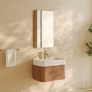 Gestreept hangend meubel met enkele wastafel, kraan en spiegel, licht naturel, 60 cm, BULMAS