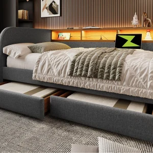 Daybed bed met 2 lades – linnen stof – 140×190 cm – met LED en oplaadfunctie – Grijs Daybed bed met 2 lades – linnen stof – 140×190 cm – met LED en oplaadfunctie – Grijs