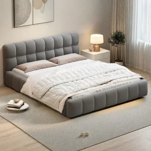 Bubbelbed 160 x 200 cm met lattenbodem en rugleuning, gestoffeerd tweepersoonsbed, linnen, grijs