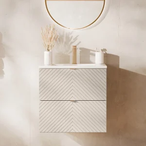 Zwevend badkamermeubel met enkele inbouwwastafel en kraan, beige, 60 cm, DORIONI Zwevend badkamermeubel met enkele inbouwwastafel en kraan, beige, 60 cm, DORIONI