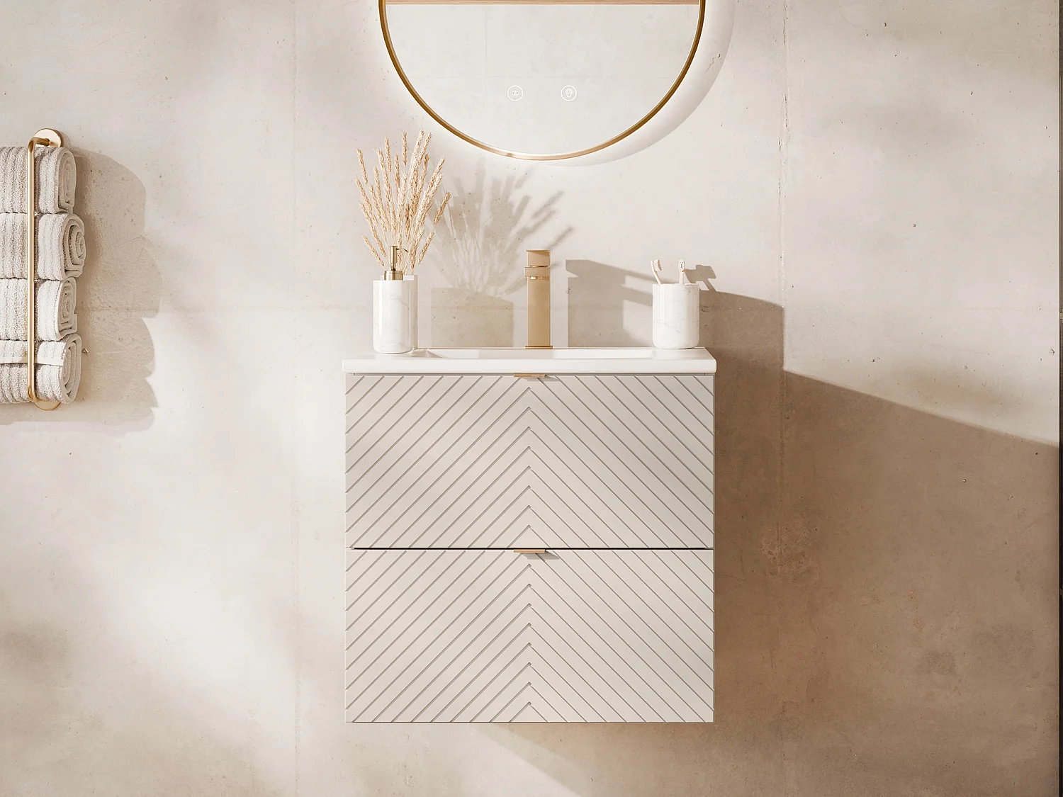 Zwevend badkamermeubel met enkele inbouwwastafel en kraan, beige, 60 cm, DORIONI