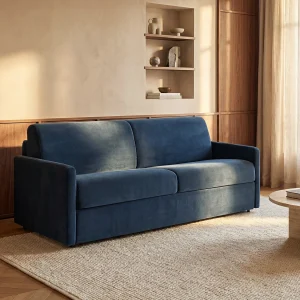 Slaapbank nachtblauw fluweel traagschuim zitting 140 cm matras 14 cm CALIFE Slaapbank nachtblauw fluweel traagschuim zitting 140 cm matras 14 cm CALIFE