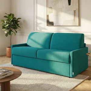 Express slaapbank turquoise blauwe stof traagschuim zitting 120 cm matras 22 cm CALIFE Express slaapbank turquoise blauwe stof traagschuim zitting 120 cm matras 22 cm CALIFE