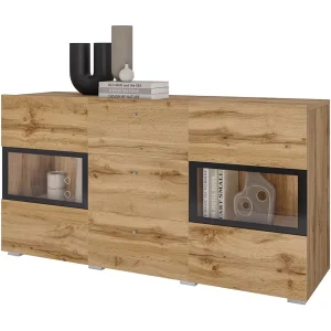 Buffet RAMOS 130 cm – Gouden eiken en zwart – 2 glazen deuren en 3 laden – Zonder LED