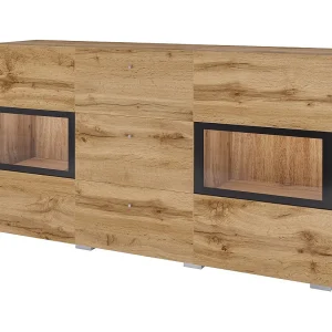 Buffet RAMOS 130 cm – Gouden eiken en zwart – Ingebouwde multikleur LED – 2 glazen deuren en 3 laden