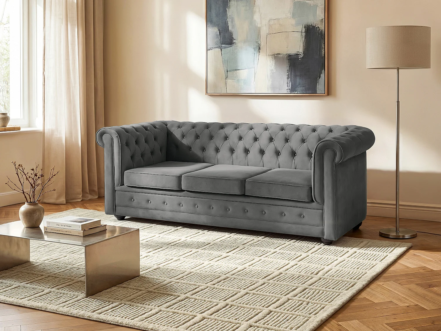 Driezitels 3-zitsbank in antracietgrijs fluwelen CHESTERFIELD
