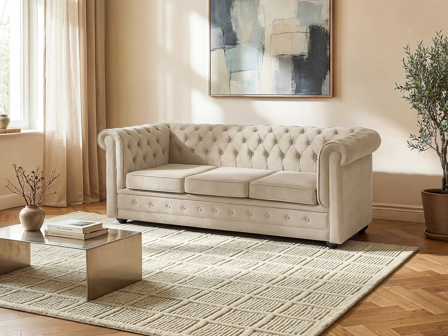 3-zits slaapbank in beige fluweel CHESTERFIELD