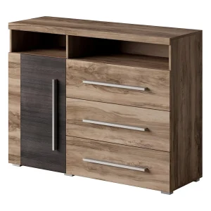 Buffet BRAZZA 1 deur 3 laden – Compacte opbergruimte in satijn notenhout – Zichtbare nissen – 119 cm