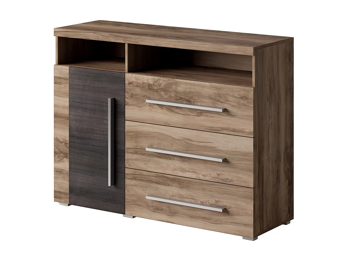 Buffet BRAZZA 1 deur 3 laden – Compacte opbergruimte in satijn notenhout – Zichtbare nissen – 119 cm