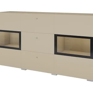 Buffet RAMOS 130 cm – Lichtbeige – Geïntegreerde multicolor LED – 2 glazen deuren en 3 laden