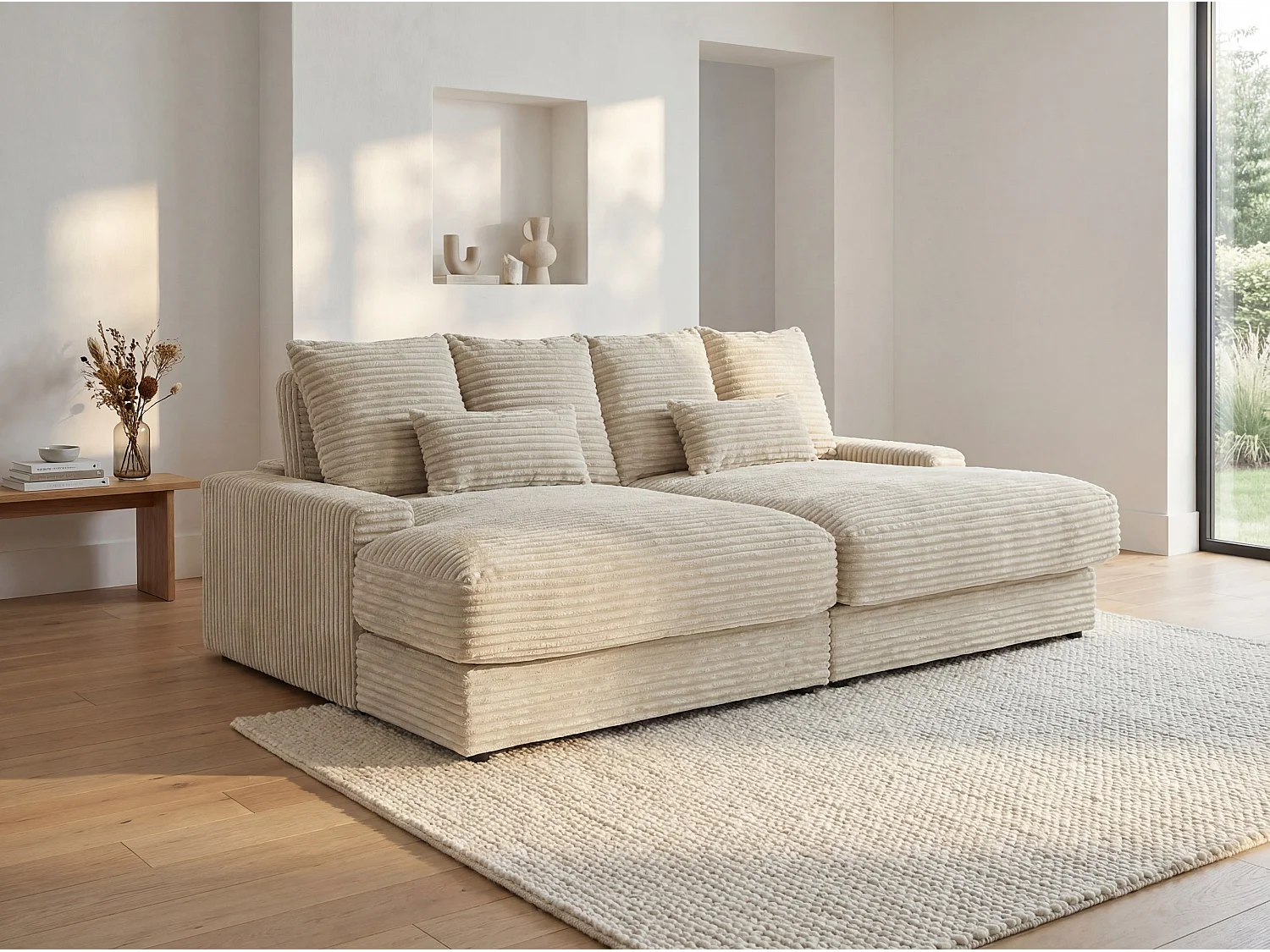 Zitbank 3 plaatsen met diepe zitting in beige, breed geribbeld fluweel CALAZO