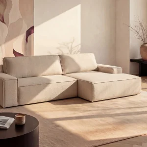 Hoekslaapbank met hoek rechts van beige stof met textuur AMELIA Hoekslaapbank met hoek rechts van beige stof met textuur AMELIA