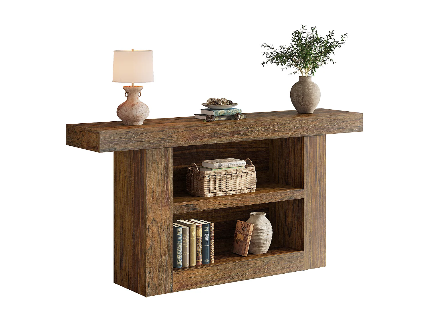 Consoletafel met opbergruimte, 3-laags haltafel in landelijke stijl met U-vormige voet, 160 cm