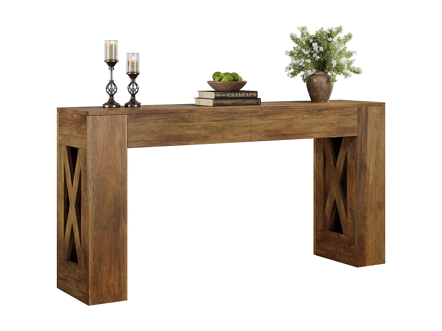 Consoletafel van 160 cm lang, haltafel in landelijke stijl met 2 lades en X-vormige poten.