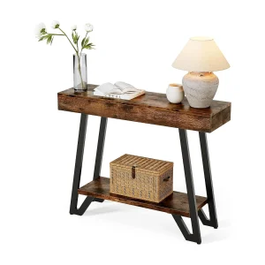 Consoletafel van 103 cm met geometrisch metalen frame, haltafels, opbergplanken, 2 niveaus Consoletafel van 103 cm met geometrisch metalen frame, haltafels, opbergplanken, 2 niveaus