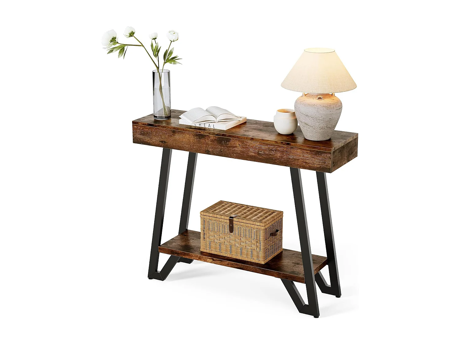 Consoletafel van 103 cm met geometrisch metalen frame, haltafels, opbergplanken, 2 niveaus