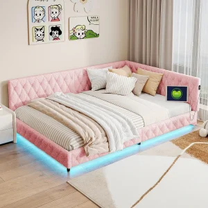 Dagbed 140×200 cm design L roze met multicolor LED en geïntegreerde USB-poort, robuust lattenbodem zonder matras