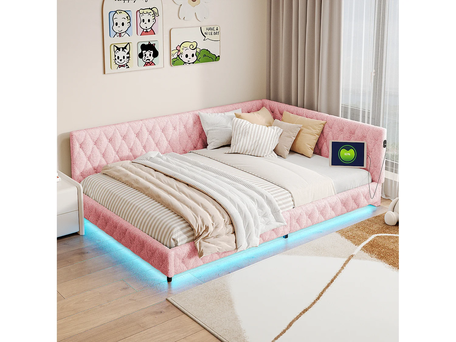 Dagbed 140x200 cm design L roze met multicolor LED en geïntegreerde USB-poort, robuust lattenbodem zonder matras