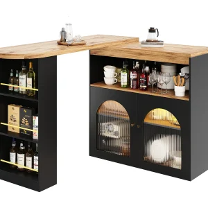 Draaibare bartafel van hout met opbergruimte – Verstelbare LED-lamp – Zwart – 138/193x39x105cm