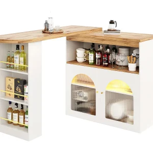 Draaibare bartafel van hout met opbergruimte – Verstelbare LED-lamp – Wit – 138/193x39x105cm