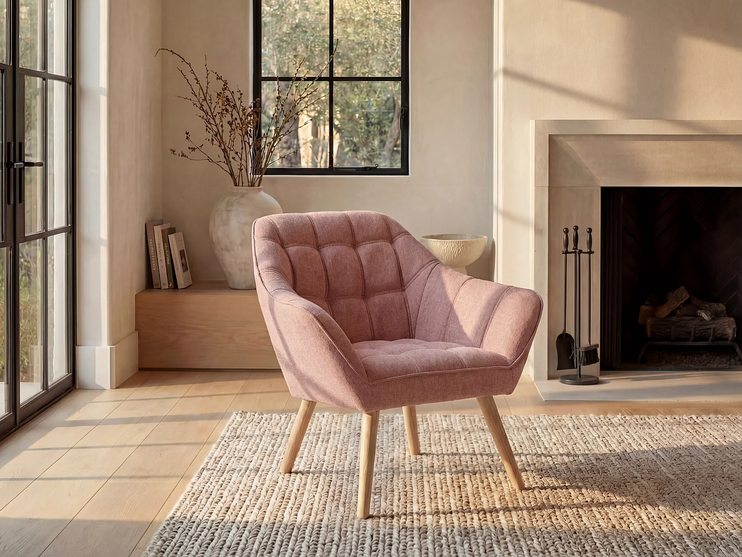 Fauteuil van roze gechineerde stof met Scandinavische stijl CASERTA