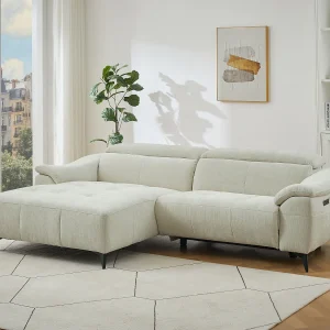 Elektrische relax hoekbank links in beige getextureerde stof CLIMOTA