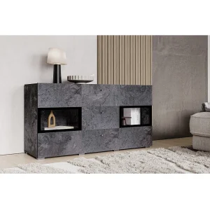 Buffet 130 cm RAMOS – Grijs met leisteen effect en zwart – 2 glazen deuren + 3 laden – Zonder LED Buffet 130 cm RAMOS – Grijs met leisteen effect en zwart – 2 glazen deuren + 3 laden – Zonder LED