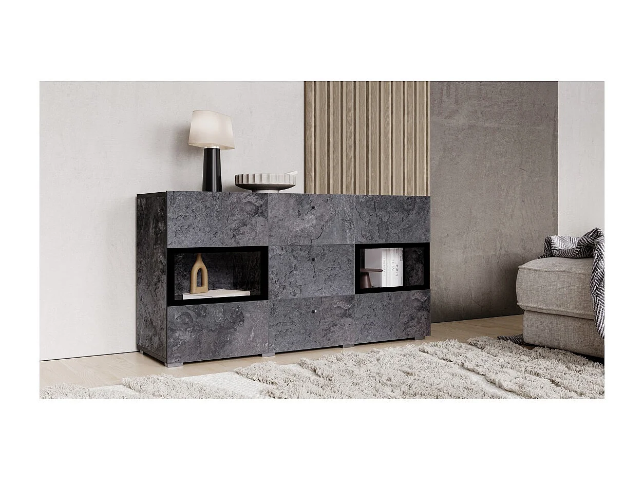 Buffet 130 cm RAMOS – Grijs met leisteen effect en zwart – 2 glazen deuren + 3 laden – Zonder LED