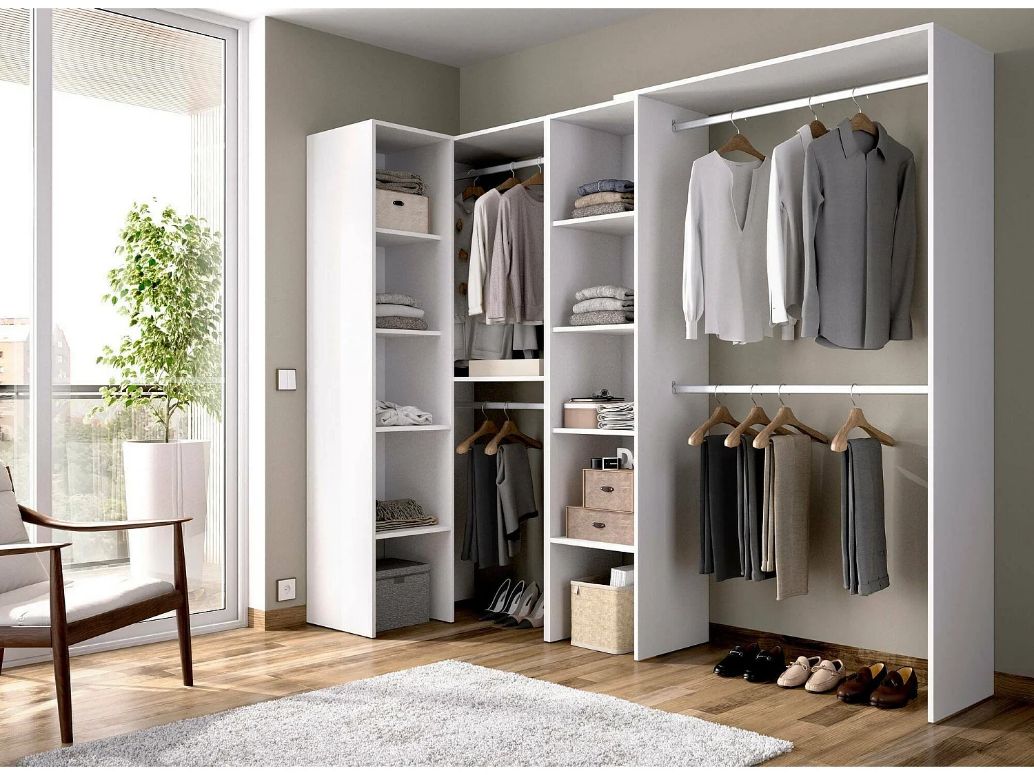 Dmagrin kledingkast, Structuur voor hoekinloopkast, Open hoekkleerhanger, 228x79h187 cm, Wit