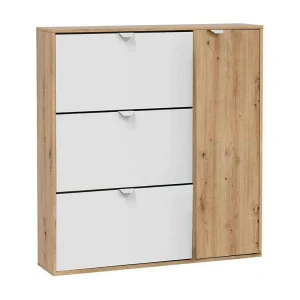 Dmora Schoenkast Tok 24x105x112h cm Bruin Eiken 30 Paar 11 Vakken, Schoenenkast 4 Deuren Dmora Schoenkast Tok 24x105x112h cm Bruin Eiken 30 Paar 11 Vakken, Schoenenkast 4 Deuren