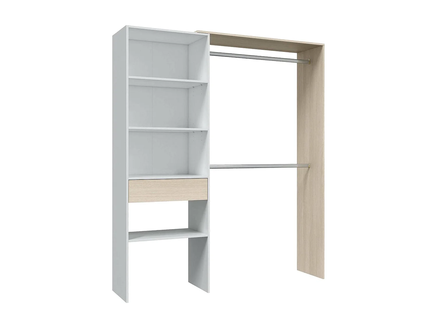 Dalala kledingkast, Structuur voor inloopkast, Open kledingkast zonder deuren, Inloopkast, 158x40h187 cm, Wit en Eiken