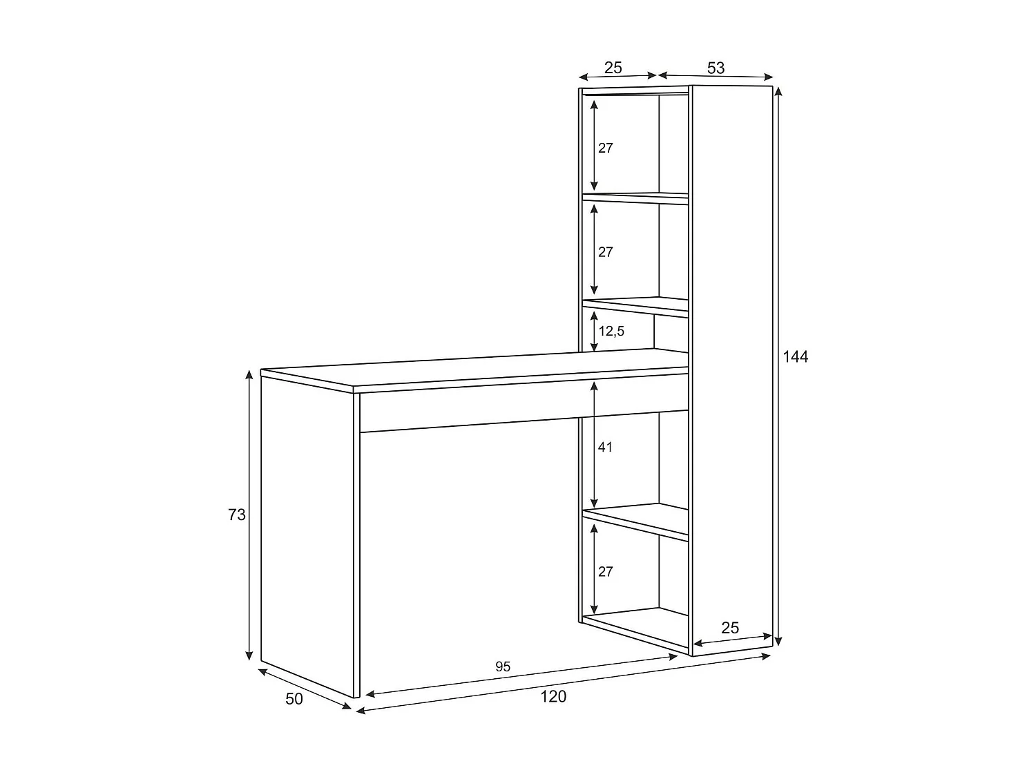 Dmora Bureau Denton 53x120x144h cm Wit Modulair 5 Planken, met Boekenkast