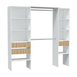 Donest kledingkast, Slaapkamermeubilair, Kledingkast met planken en 3 laden, 196x40h187 cm, Wit en Eiken Donest kledingkast, Slaapkamermeubilair, Kledingkast met planken en 3 laden, 196x40h187 cm, Wit en Eiken