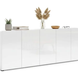 Dficcadent dressoir, Woonkamerbuffet, Woonkamer, Keukenkast, Made in Italy, 225x38h79 cm, Glanzend wit Dficcadent dressoir, Woonkamerbuffet, Woonkamer, Keukenkast, Made in Italy, 225x38h79 cm, Glanzend wit