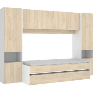 Dmra kinderbed, Complete slaapkamer met brugkast en ladekast, Samenstelling met bed en eenpersoons uitschuifbaar bed, 303x97h203 cm, Eiken en Wit Dmra kinderbed, Complete slaapkamer met brugkast en ladekast, Samenstelling met bed en eenpersoons uitschuifbaar bed, 303x97h203 cm, Eiken en Wit