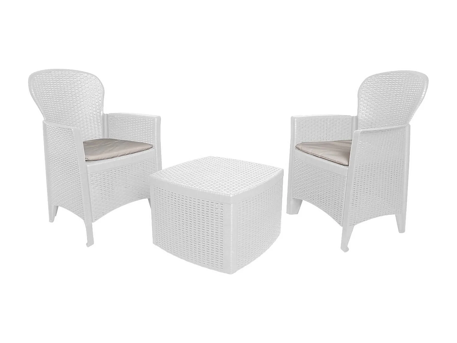 Dakain buitenloungeset, Tuinset met 2 fauteuils en 1 opbergtafel, Lounge met rotaneffect, 100% Made in Italy, Wit
