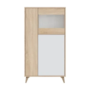 Daceved vitrinekast, Moderne vitrinekast met 3 deuren, Dressoir voor woonkamer of lounge, Hoog dressoir met planken, 77x33h142 cm, Eiken en Wit