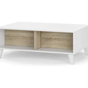 Dgattus salontafel, Salontafel met verhoogd blad, Lage woonkamertafel, 100x68h38 cm, Glanzend wit en eikenhout