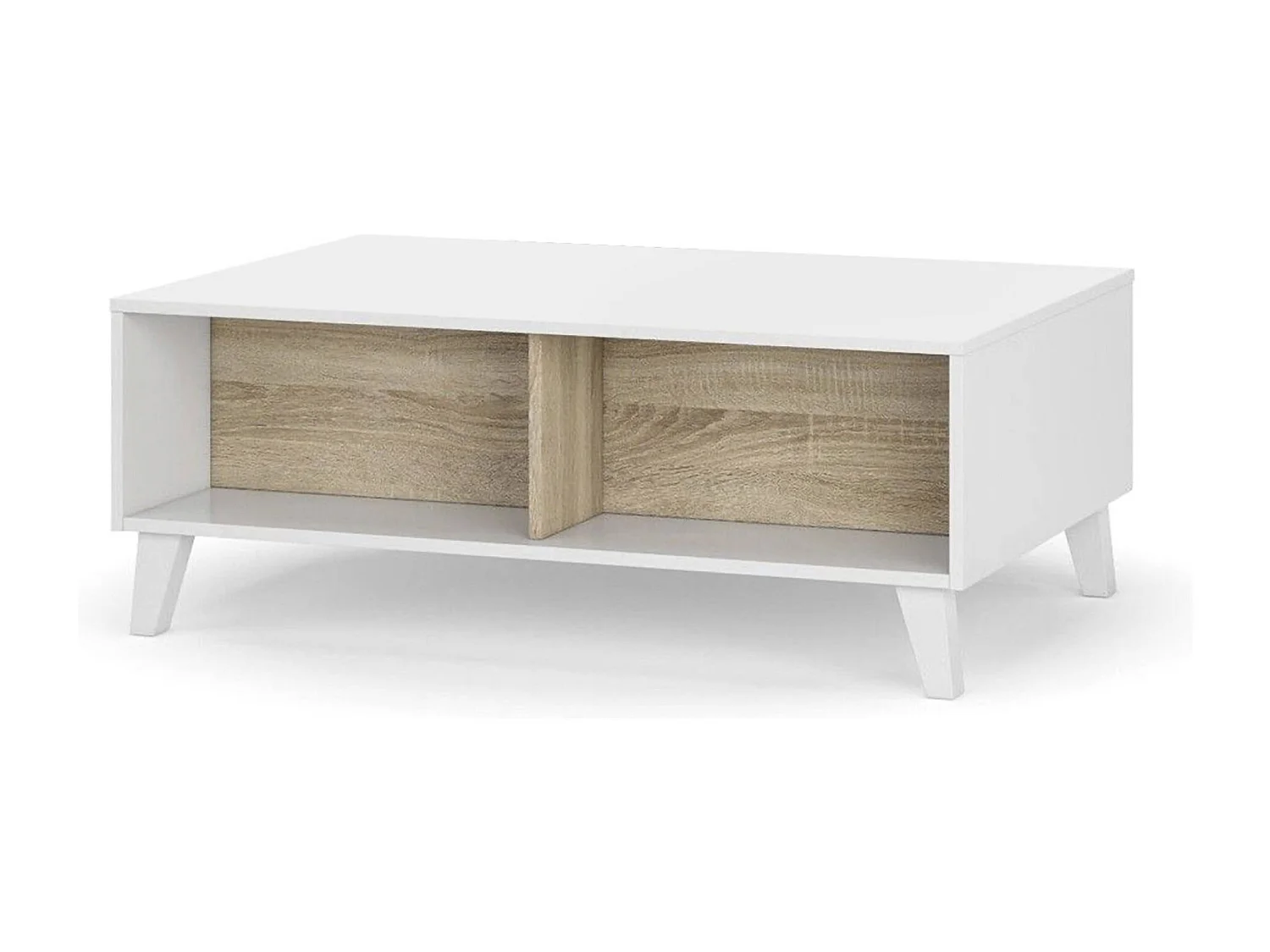 Dgattus salontafel, Salontafel met verhoogd blad, Lage woonkamertafel, 100x68h38 cm, Glanzend wit en eikenhout