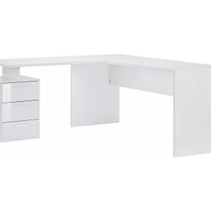 Dmora Bureau Mark 60x180x75h cm Glanzend Wit, Hoekbureau met 3 Lades, Moduleerbaar Made in Italy Dmora Bureau Mark 60x180x75h cm Glanzend Wit, Hoekbureau met 3 Lades, Moduleerbaar Made in Italy