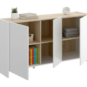 Dariol dressoir, Woonkamerbuffet, Modern woonkamerdressoir met 3 deuren, 138x42h76 cm, Wit en Eiken Dariol dressoir, Woonkamerbuffet, Modern woonkamerdressoir met 3 deuren, 138x42h76 cm, Wit en Eiken