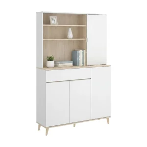 Dmere Dressoir, Woonkamerkastbuffet, Modern woonkamerdressoir met 4 deuren, 120x40h191 cm, Wit en Eiken Dmere Dressoir, Woonkamerkastbuffet, Modern woonkamerdressoir met 4 deuren, 120x40h191 cm, Wit en Eiken