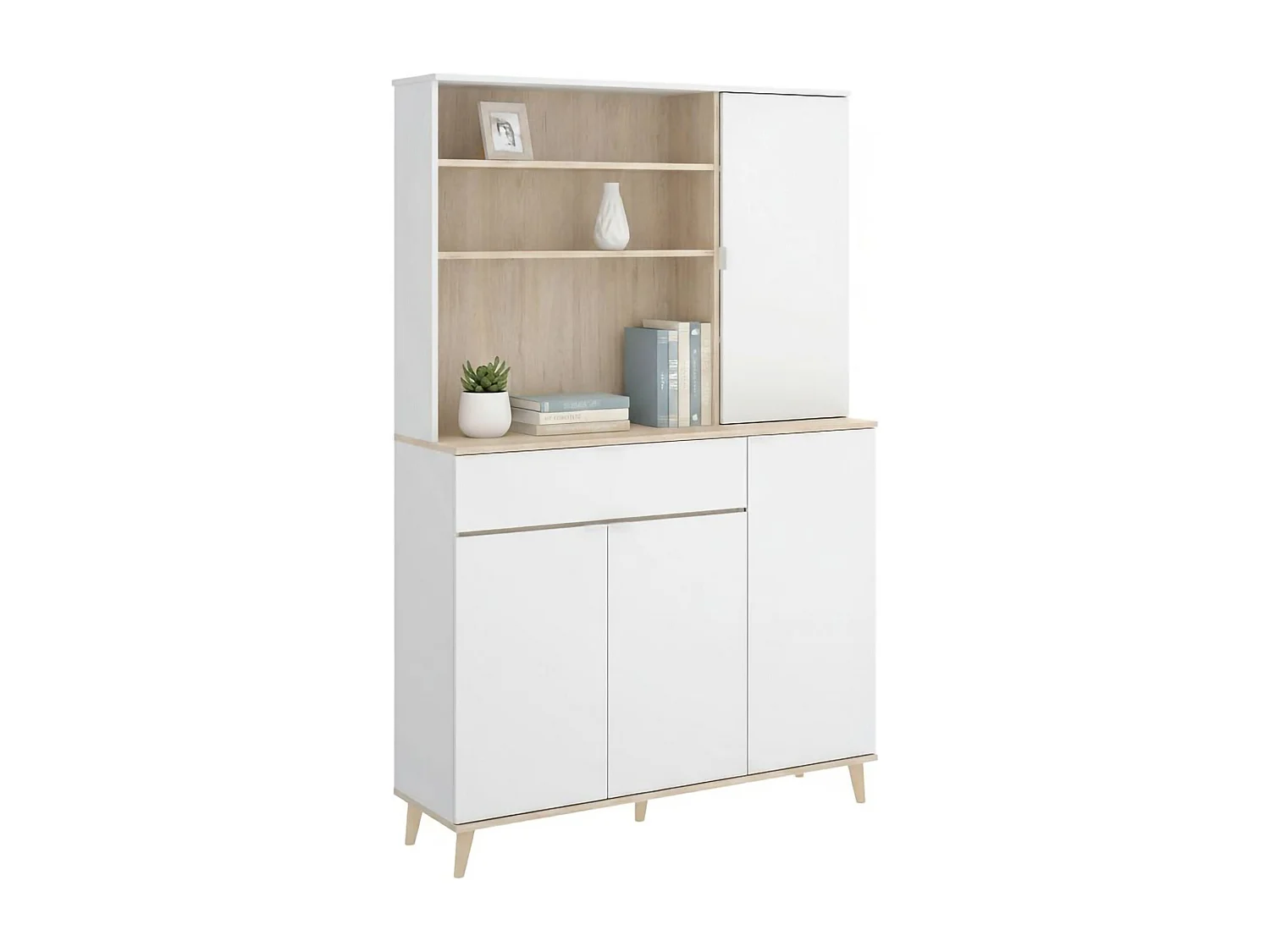 Dmere Dressoir, Woonkamerkastbuffet, Modern woonkamerdressoir met 4 deuren, 120x40h191 cm, Wit en Eiken